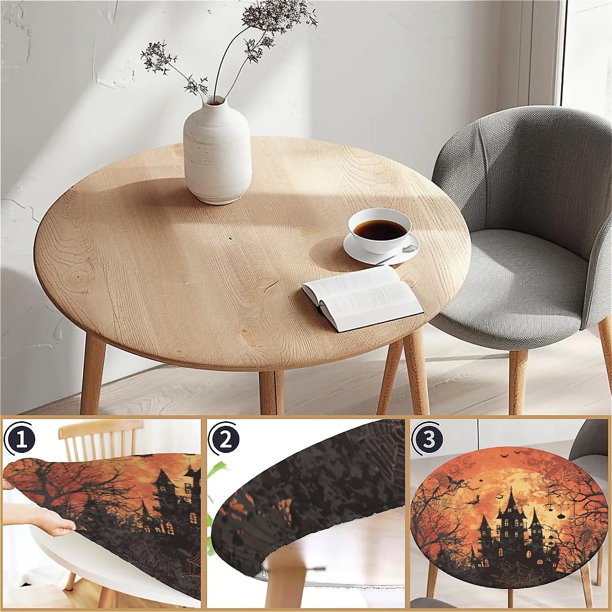 COTAIL Round Fitted Tablecloth with Elastic Edge Design Table Cover Waterproof Table Cloth Stain-Resistant for 32"-36" Round Table for Dining, Picnic, Party, Decor, Outdoor, Halloween