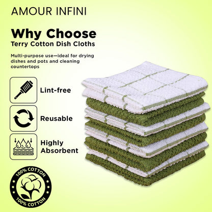 AMOUR INFINI Cotton Kitchen Dish Cloths Set of 8 – Highly Absorbent, Super Soft Premium Terry Cleaning Cloth (12"x12" Inch) Premium Dishcloths for Washing Dishes (Green)
