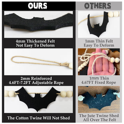 Halloween Garland Decorations, Adjustable Spooky Hanging Felt Bat Garland, Pre-Strung Aesthetic Boho Wood Beads Halloween Banner for Mantel Fireplace Home Room Indoor Farmhouse Office Wall Decor
