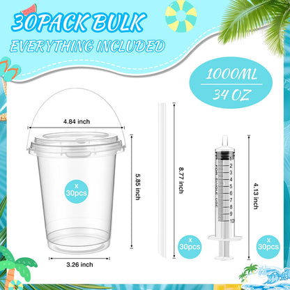 34oz Drink Buckets with Lids & Straws, 30 Pack Clear Party Buckets