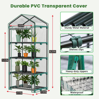 i-SUNSHORE Indoor Greenhouse with Grow Lights, 4 Tier 27" L×19" W×62" H Mini Greenhouse with Zippered PVC Cover for Seed Starting Trays, Dimmable 2FT 60W Plant Light for Indoor Plants with Timer