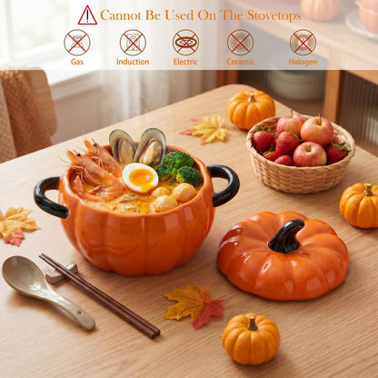 FTNESGYM Pumpkin Soup Bowl, 64oz Ceramic Pumpkin Pot Microwave & Dishwasher Safe Casserole Dish with Lid, Dutch Oven Pot Stockpot Cookware for Home Thanksgiving Halloween Party (Orange)