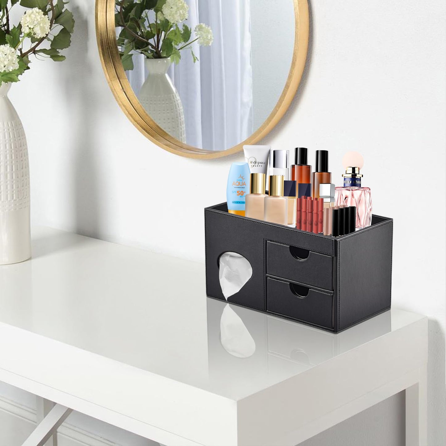 RHCSZ Square Tissue Box Cover with Drawers,Tissue Box Holder with Storage Tray, Makeup Organizer and Desk Organizer,Tissue Holders Decorative for Bathroom Vanity NightStand Dressing Table (Black)
