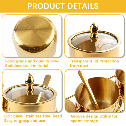 Orepzinc 3 Pcs Gold Coffee and Sugar Dispenser with Storage Rack - Stainless Steel Gold Sugar Container Condiment Dispenser with Glass Lid and Spoon for Home Kitchen for Salt, Coffee Bean