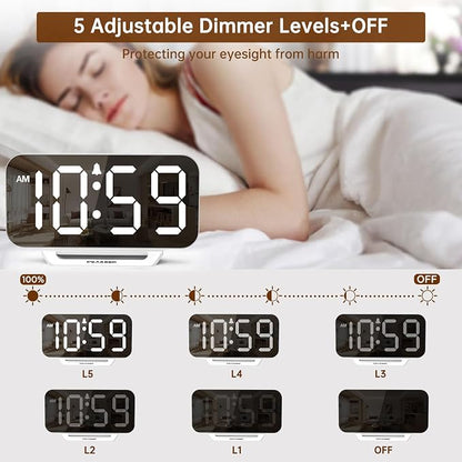 Peakeep Slim Digital Mirror Aesthetic Alarm Clock for Bedrooms Desk Decor, Plug in Electric Big LED Modern Small Clock for Office Living Room, Battery Backup, 6 Dimmers (White)