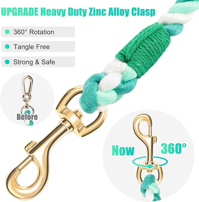 Dog Leash 5 FT Handmade Braided Cotton Rope Leashes for Small Medium and Large Dogs, New Golden Heavy Duty Metal Clasp, Moss Green
