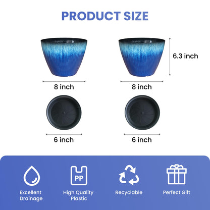 LESOASIS Pack of 2 Flower Pots, Plastic Plant Pots with Drainage Holes, 8 inch Modern Glossy Finishing Planter for Indoor Outdoor Plants (Blue Glaze, 2 Pack)
