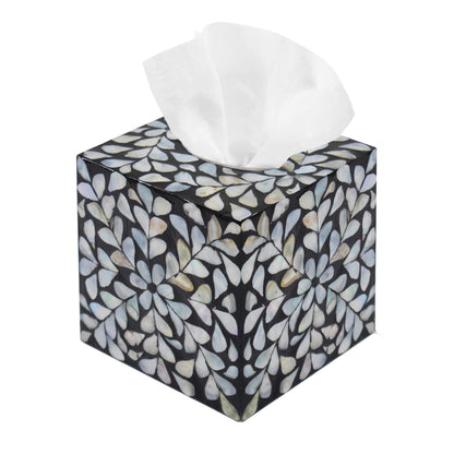 PEMAR Handcrafted Wooden Tissue Box Cover for Small Cube Tissue Boxes Only (Max Inner Size 4.7”) – Mother of Pearl Inlay Decorative Tissue Holder for Bathroom, Living Room & Office (White Vines)