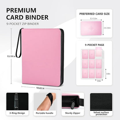 9 Pocket Trading Card Zip Binder - Holds 1080 Cards, 60 Pages Large-Capacity,Double-Sided Removable Sleeves, Suitable for Game Cards/Sports Cards Storage,Pink