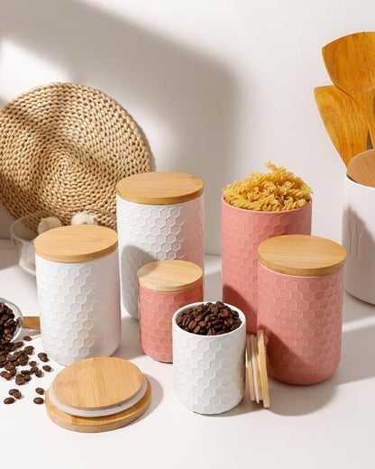 ZEBERBO Kitchen Canisters Set with Airtight Bamboo Lid, Pink Honeycomb Design, Ceramic Canister Set of 3, Sugar Flour Coffee Containers for Countertop, Food Storage Container Jars Set
