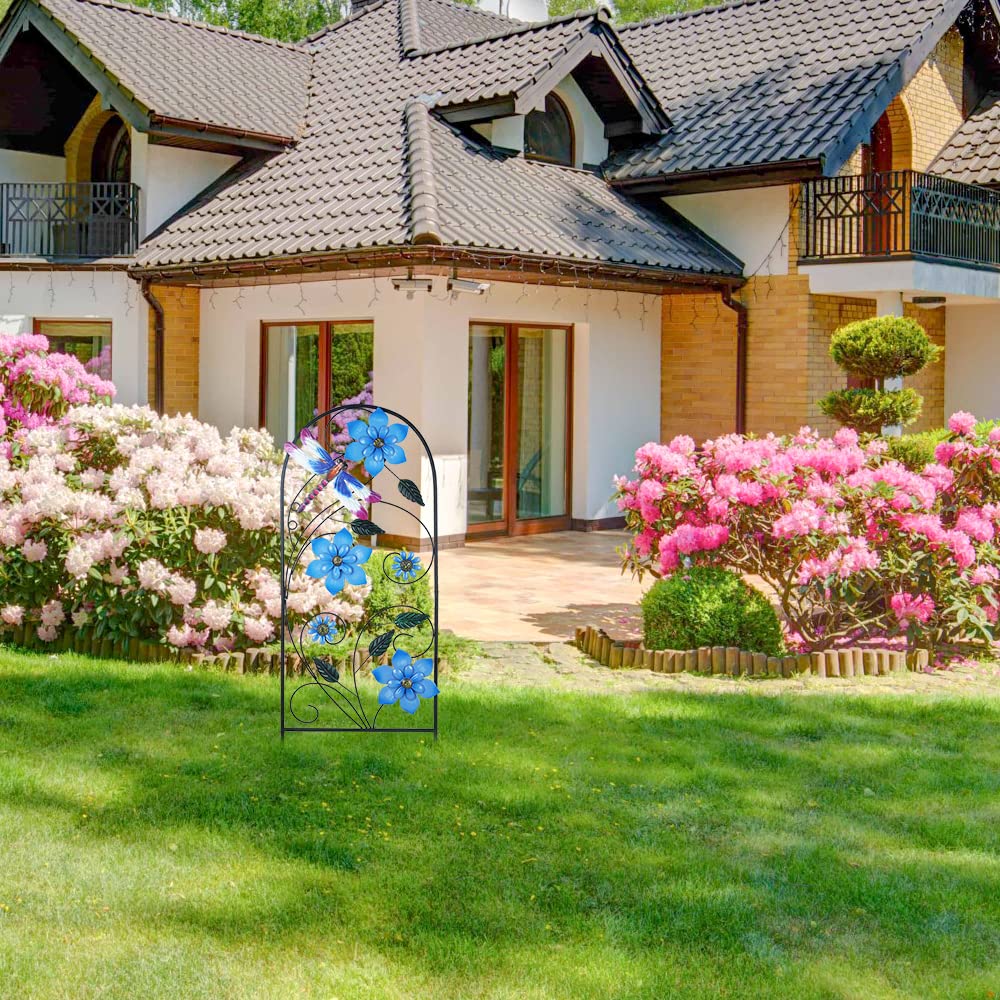 Garden Decor for Outside, YEAHOME 34 Inch Decorative Garden Stakes with Flowers Dragonflies, Metal Spring Yard Decorations for Outdoor Patio Lawn Backyard