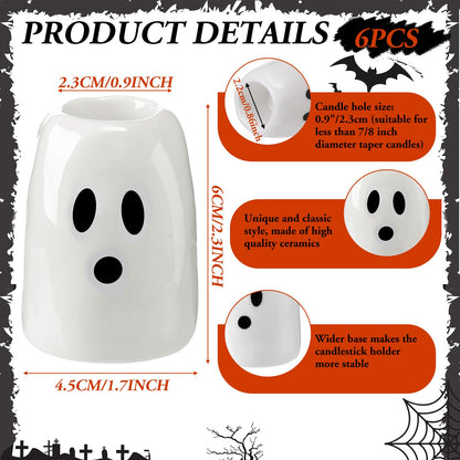 GlikCeil 6 Pcs Halloween Ghost Candlestick Holders, Depth of 2.3 in, Ceramic, Halloween Taper Candleholder Cute Ghost Candle Stick Holders for Wedding Party Office Home Table Centerpiece Decorative