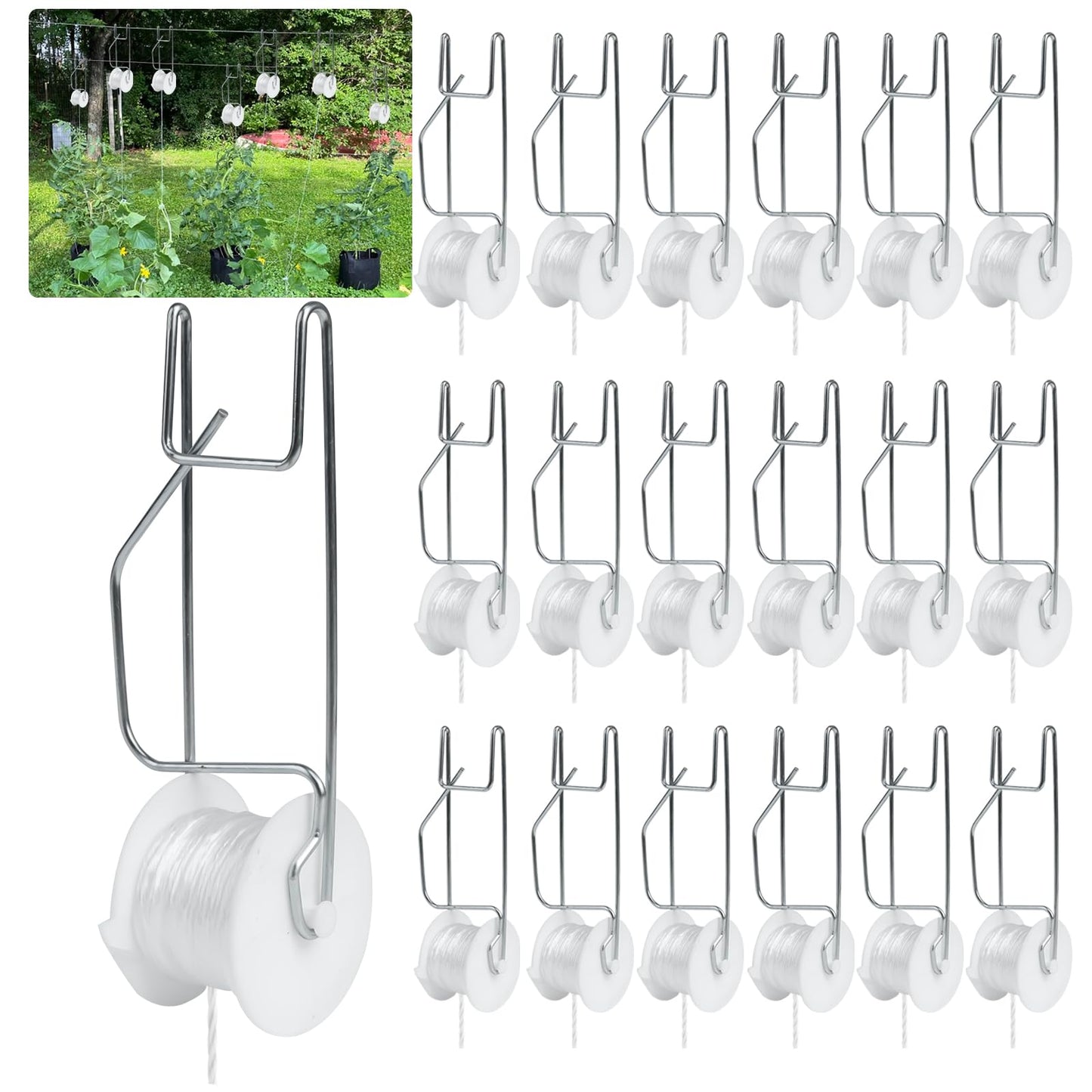 Hidbot Tomato Support Hooks with String,10 Pack Tomato Trellis Roller Hooks with 49.2FT String for Plant,Greenhouse Tomato Flower Vine Twine Crop Trellis Kit Tomato Plant Roller Hook