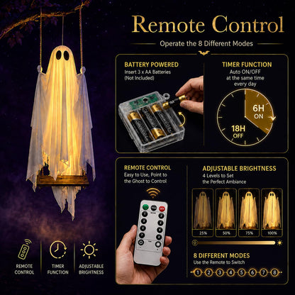 Halloween Decorations Outdoor - 5FT Large Hanging Swing Ghost with Remote Control String Lights & Upgraded Sheet, Scary Ghost Halloween Party Decor Outside for Tree Porch Yard Garden Lawn