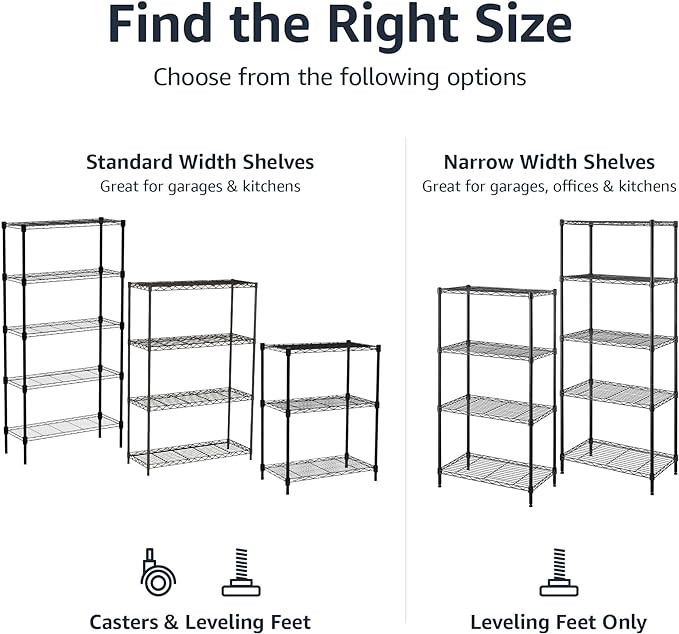 Amazon Basics 4-Shelf Steel Wire Storage Shelves for Garage, Adjustable Metal Shelving Unit, 200 lbs Per Shelf, 23.2" W x 48" H x 13.4" D, Black | Sturdy