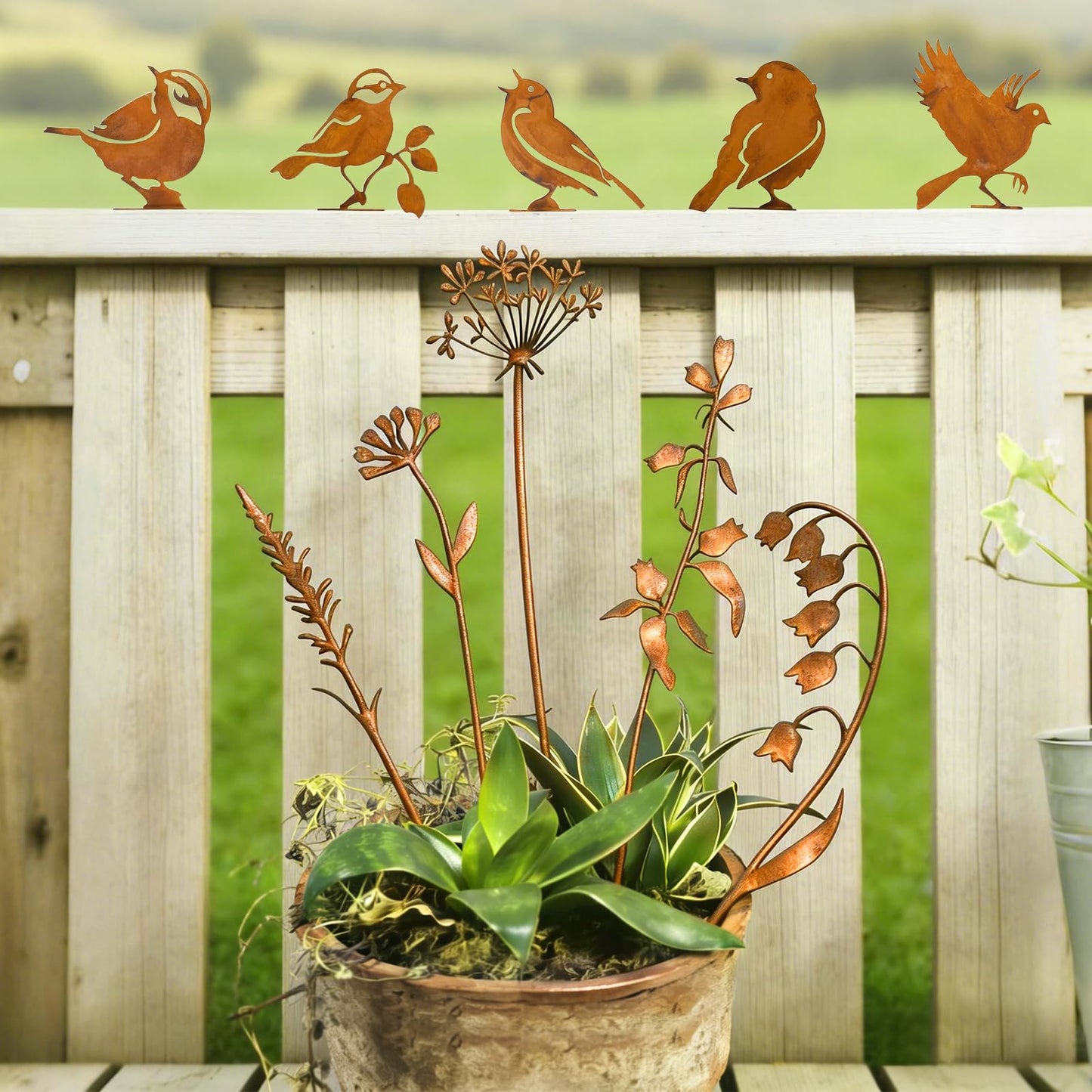 15 Pack Rusty Metal Garden Stakes, Included 10 Metal Fern Plants&5 Bird Silhouettes Outdoor Decorative Plant Stakes Metal Flowers Rustic Yard Art Fence Decor for Outside Potted Plants Lawn Courtyard