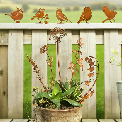 15 Pack Rusty Metal Garden Stakes, Included 10 Metal Fern Plants&5 Bird Silhouettes Outdoor Decorative Plant Stakes Metal Flowers Rustic Yard Art Fence Decor for Outside Potted Plants Lawn Courtyard