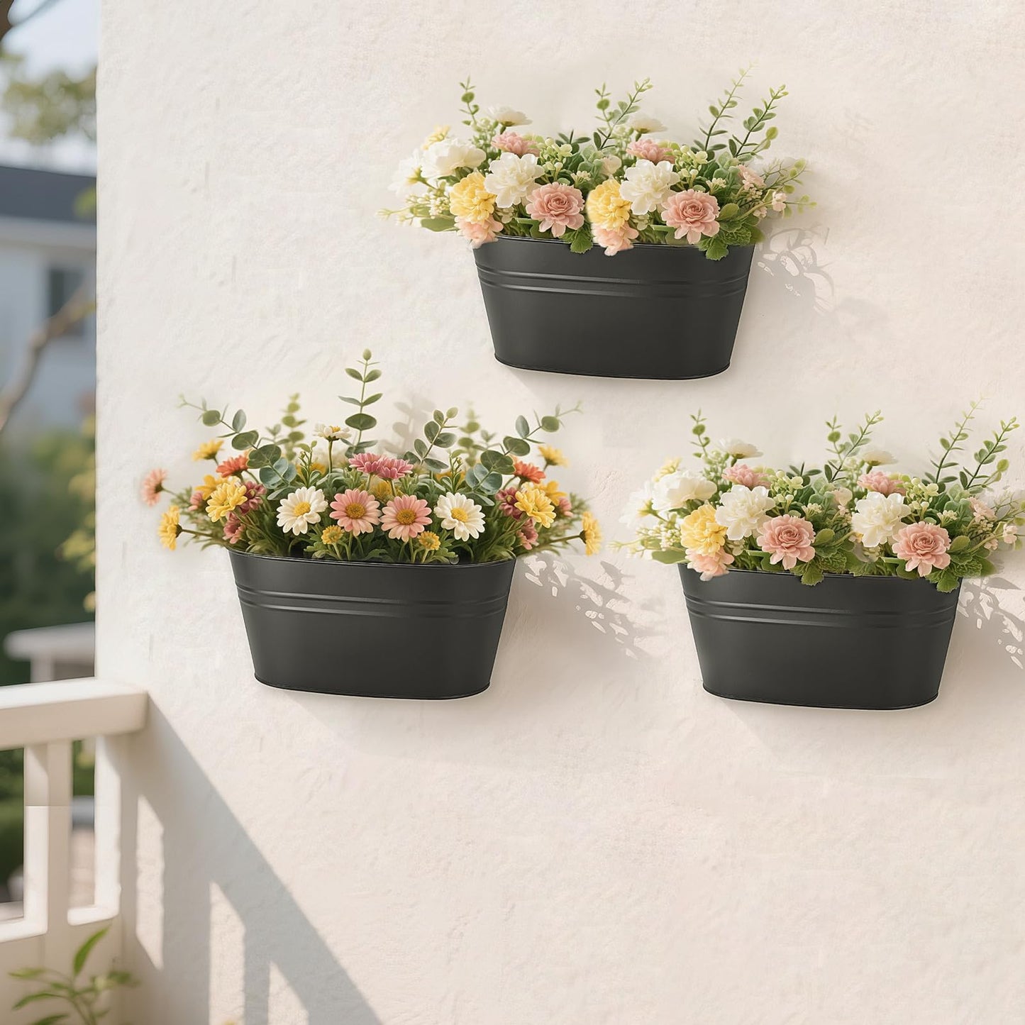 Dahey 3 Pcs 10.5 Inch Hanging Flower Pots for Railing Fence Metal Wall Planters for Indoor Plants Outdoor Countryside Window Flower Holder with Hooks Drainage Holes for Garden Yard Home Decor, Black