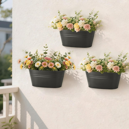 Dahey 3 Pcs 10.5 Inch Hanging Flower Pots for Railing Fence Metal Wall Planters for Indoor Plants Outdoor Countryside Window Flower Holder with Hooks Drainage Holes for Garden Yard Home Decor, Black