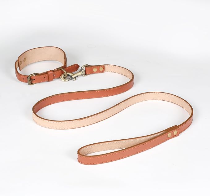 Lightnpro Tan Leather Dog Collar & Leash Set - 18" Adjustable Leather Nylon Collar with Metal Buckle & 50" Durable Lead - Comfortable, Stylish Combo for German Shepherds,Bernards & Other Large Breeds