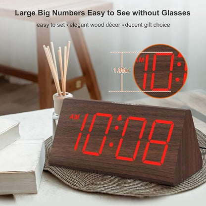 DreamSky Wooden Digital Alarm Clock for Bedrooms with Large Numbers | Electric Desk Clock, USB Port, Loud Alarm for Heavy Sleepers, Adjustable Volume, Dimmer, DST, Wood Décor Gifts, Plug in Clock