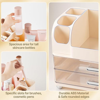 Makeup Organizer with Brush Holder, Makeup Organizer Countertop with 2 Drawers, Make up Organizers for Vanity, Vanity Organizer, Makeup Storage For Skin Cares,Makeup Brushes,Lipsticks,Perfumes(Cream)