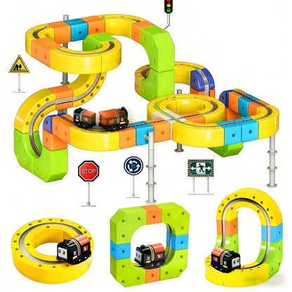 Upgrade Magnetic Train Set for Kids with 2 Rechargeable Trains, 105PCS Gravity-Defying Race Track, Safer Magnetic STEM Building Toy with Vertical Climb & Upside-Down Tracks for Boys Girls Ages 3-12