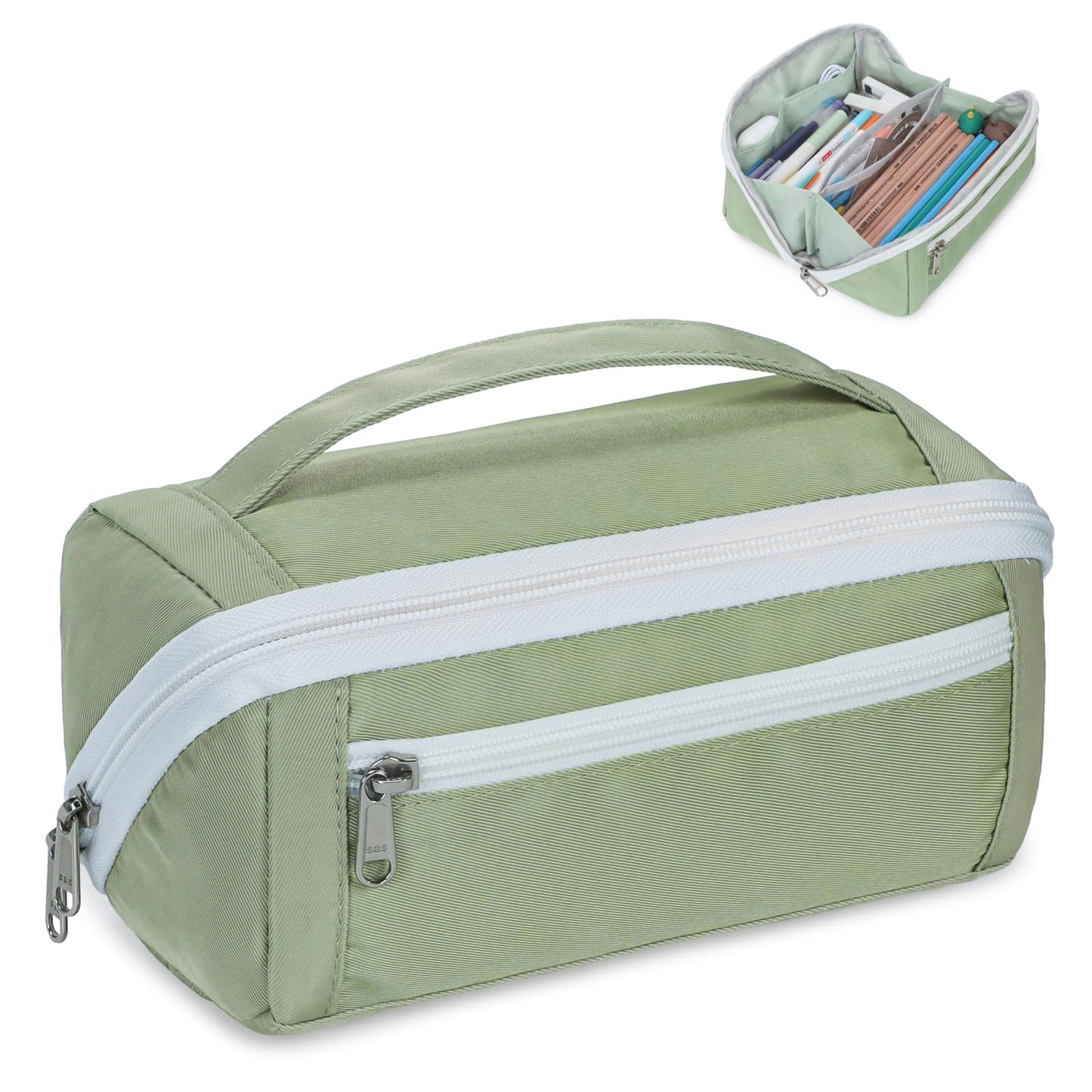 BrainyBees Large Pencil Pouch for Teen Girls, 8 Compartments, Green