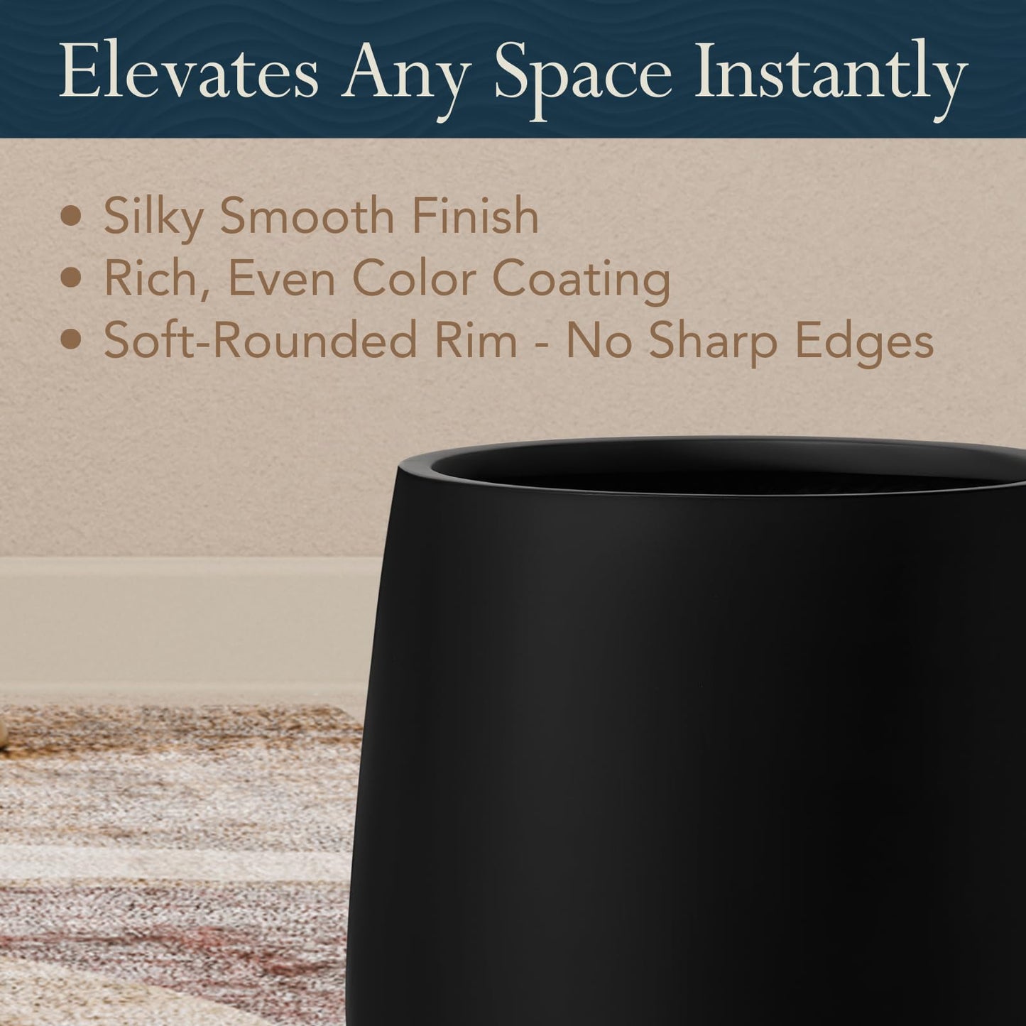 KUTE NEST 12.5" H x 11.4" D Premium Corso Fiberstone Round Tapered Planter with Drainage Hole, Weather Resistant for Indoor and Outdoor Use, Included 2 Extra Coco Mats (Black, 9" Pot Opening)