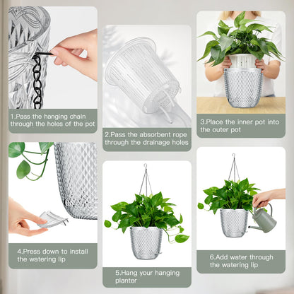 QCQHDU Hanging Planters for Indoor Plants, 2-Pack 5.7 Inch Self Watering Hanging Pots, Plastic Plant Hanger with Drainage Holes and 3 Hooks Chains for Garden Home (Clear)
