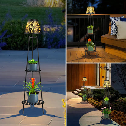 MXwcy 2-Tier Solar Plant Stand with Light, Outdoor Waterproof Floor Lamp with Tree Branch Cutout Lampshade, Tall Metal Planter Holder Display Rack for Patio, Porch, Garden, Balcony Decor (2 Pack)
