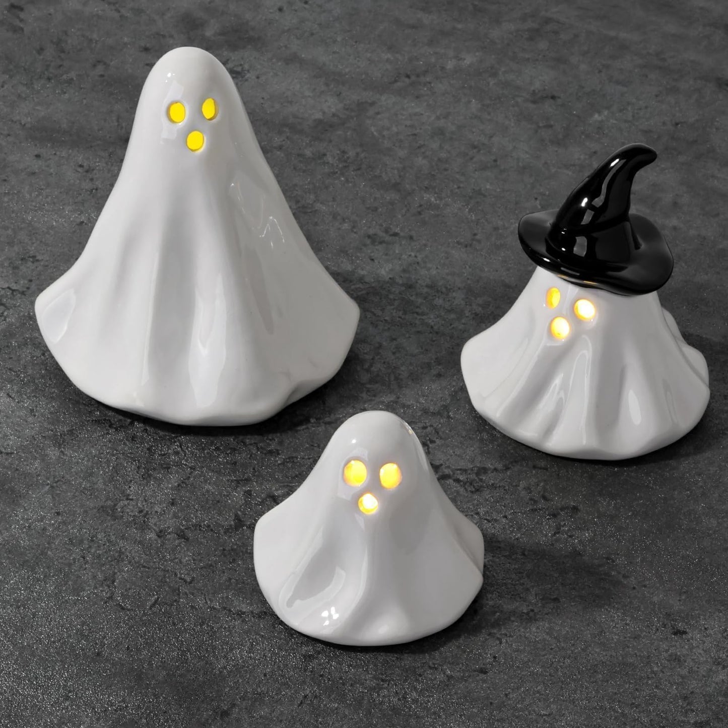 Halloween Ghost Decorations Indoor: 3ct Light Up Ceramic Ghost Decor, Cute Halloween Decor Figurines with LED Tea Lights for Table Desk Tiered Tray Mantel Home Office Home Farmhouse Girls Kids Party