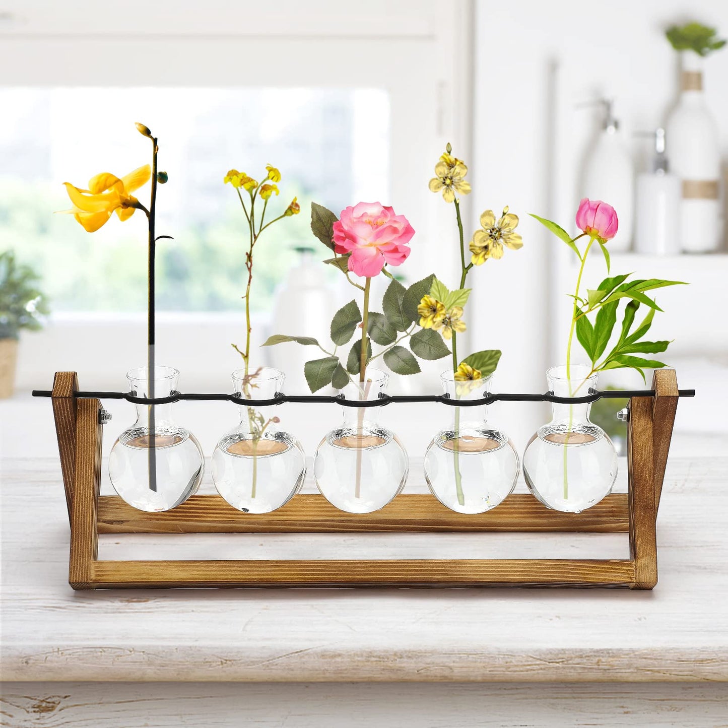 Modern Crystal Test Tube Vases with Wooden Stand Holder Set, Artistic Creative Hydroponics Vase Ornaments, Desktop Bulb Glass Vase, Plant Terrarium Stand for Home Office Garden Decor(U Shaped Rod)