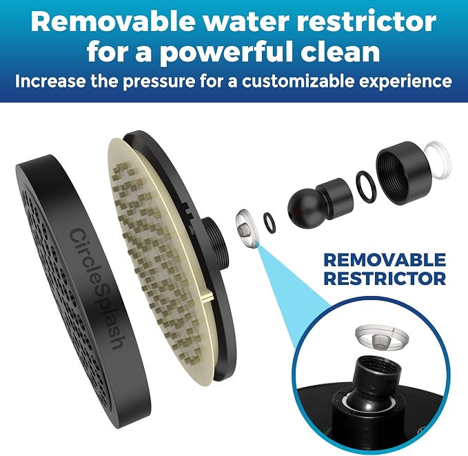High Pressure Shower Head - Anti-Clogging Silicone Nozzles 2.5 GPM Removable Restrictor - Easy to Clean and Install - Includes Plumbers Tape - 6 inch - (Matte Black 2.5GPM)