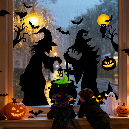 JarThenaAMCS Extra Large Halloween Window Clings Witch Black Bat Cauldron Window Stickers Hocus Pocus Double-Sided Glass Decal for Indoor School Home Office Party Decor Supplies, 4 Sheets