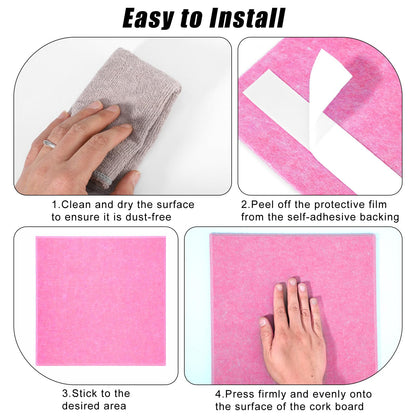 Large Cork Board 36" x 24", 6 Pack Felt Bulletin Board with 30 Pushpins, Cork Boards Alternative with Self-Adhesive Strips, Felt Wall Tiles Pin Boards for Walls Office Home School Decor-Hot Pink