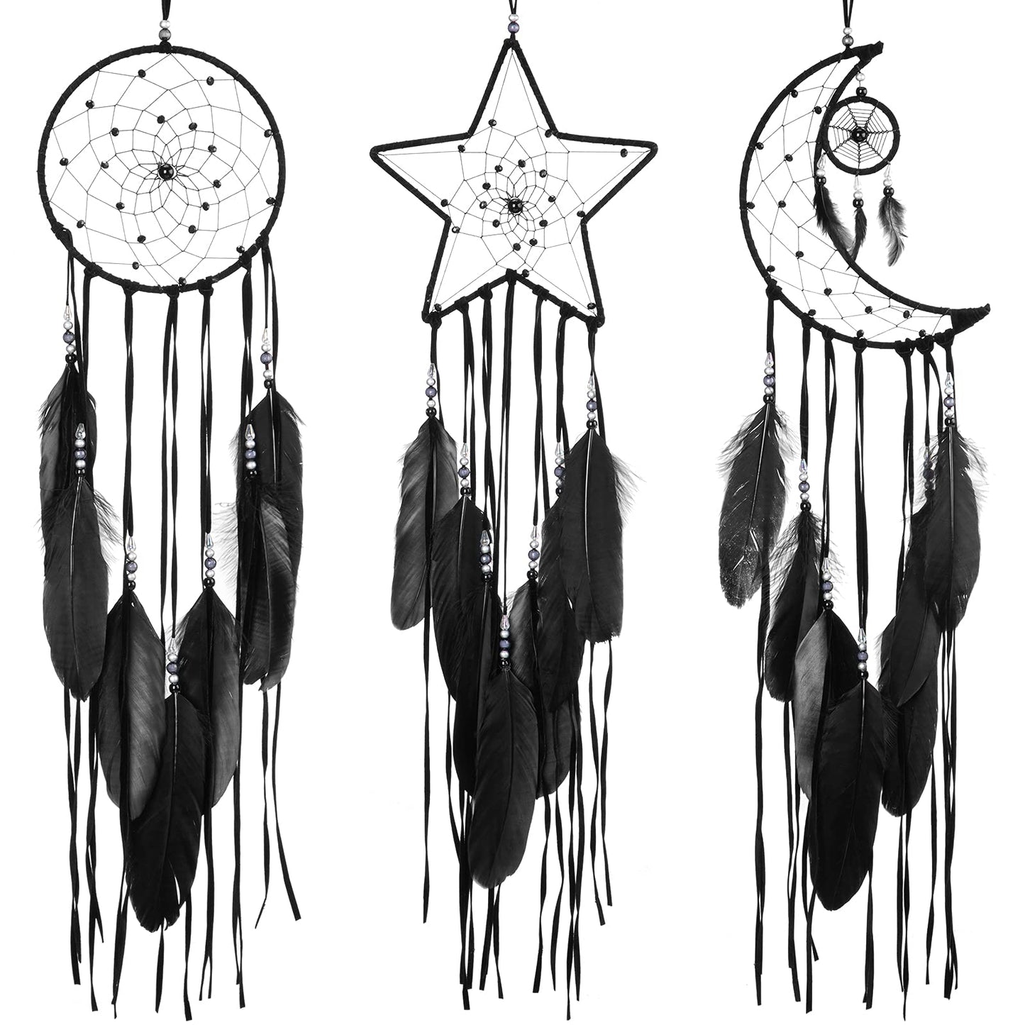 Jetec 3 Pcs Dream Catcher Moon Sun Star Design Handmade Traditional Craft Ornament Wall Art Hanging Home Decoration for Bedroom Room Decor Wedding Halloween Christmas Decorations Gift(Black)