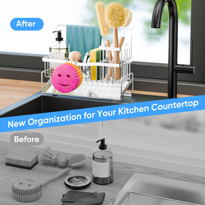 Adurei Sponge Holder for Kitchen Sink 304 Stainless Steel Self-Draining Sink Caddy with Smiley Face Sponge and Brush Holder Towel Bar and Divider Kitchen Gadgets Organizer for Countertop, Silver
