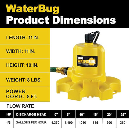 WAYNE - WaterBUG 1/6 HP 1350 GPH Submersible Pump with Multi-Flo Technology - Water Removal and Transfer Pump, Yellow