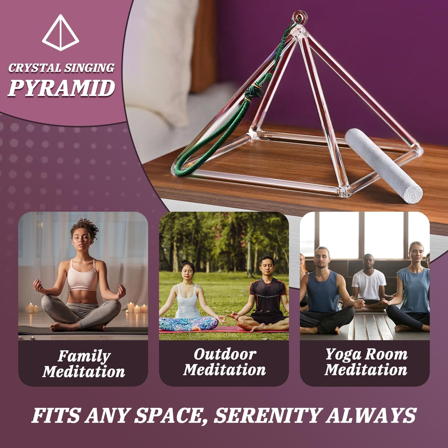 WENSYING Crystal Meditation Pyramid 8 Inch Singing Bowls Crystal Musical Instrument Geometric Tripod Yoga Meditation Wind Chime Percussion Instrument With Percussion Stick