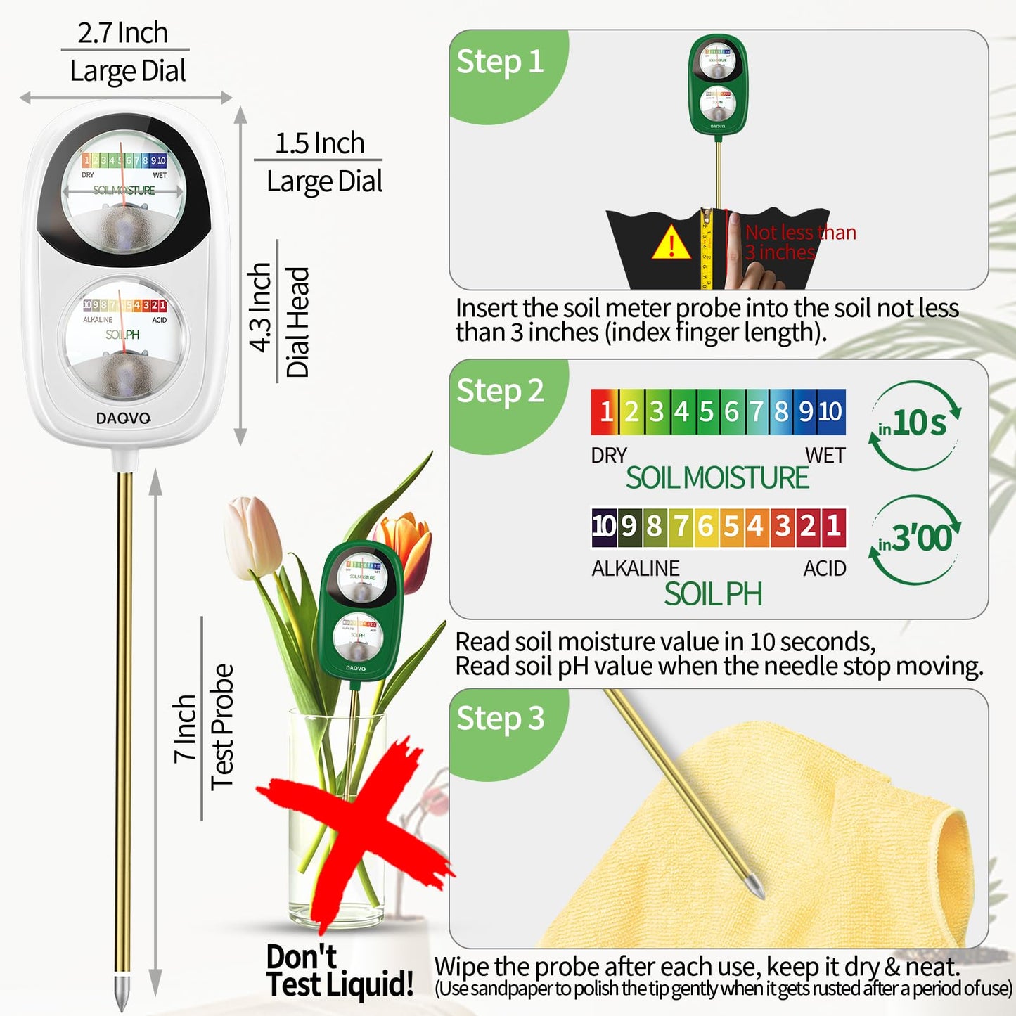 DAQVQ 2-in-1 Moisture Meter for Plants, Soil Moisture Meter & PH Meter, Large Dual-Screen Soil Test Kit, Essential Garden Tools for Indoor/Outdoor Plant, Lawn, Farm, No Battery Needed