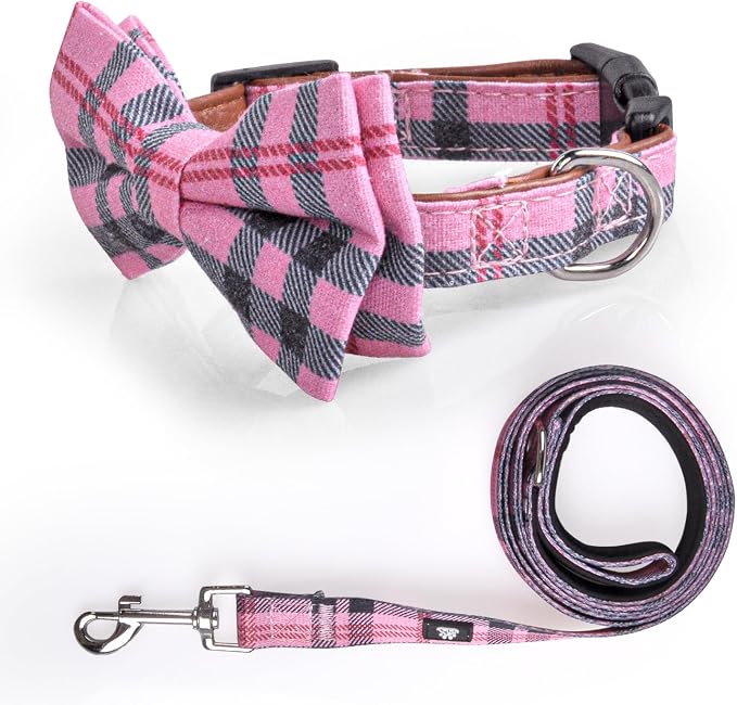 IVY&LANE Dog Collar with Bowtie and Leash Set | Plaid Adjustable Dog Collar | Detachable Bow Tie |5 FT Dog Leash | for Small Medium Large Dogs | Checkered Pink | Small