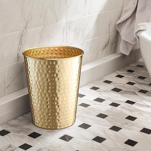 Monarch Abode Metal Bathroom Trash Can – Waste Basket for Bedroom, Office Desk, & Dorm, Hand Hammered, Durable Decorative Brushed Gold Small Trash Can Bathroom Garbage Bin Wastebasket