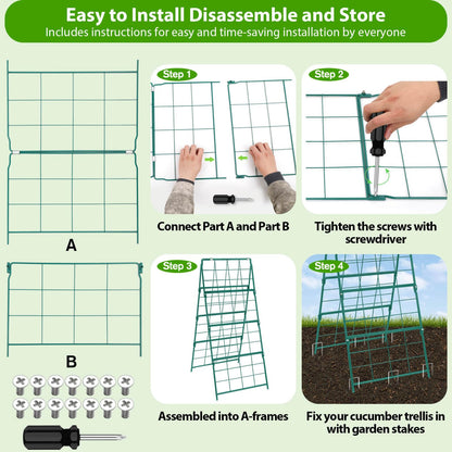 ROADPLUM 2 Pack Cucumber Trellis for Raised Garden Bed, Outdoor Sturdy Metal A-Frame Cucumber Trellis Support for Climbing Plants Vegetables with Accessories, Easy Installation & Easy Harvesting
