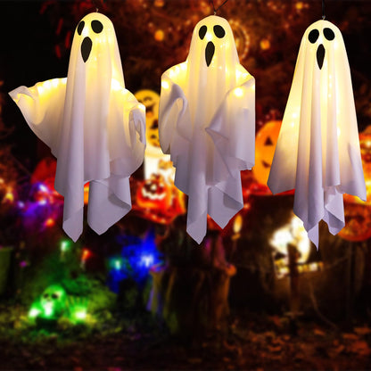 3PCS Halloween Hanging Light up Ghost with Spooky Warm White LED Light, Hanging Ghosts Light Up Kit, Ghost Halloween Decorations Outdoor for Front Yard Patio Lawn Garden Party Decor Indoor Outdoor
