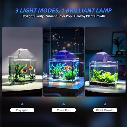 Mini Clip-On Aquarium Light 7W USB Dimmable Fish Tank Lamp with 3 Light Modes (Full Spectrum/White/RGB), 9-Level Brightness, Compact LED Light for 1–3 Gallon Aquariums (Adapter Not Included)
