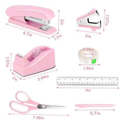 Pink Desk Accessories, Pink Office Supplies Accessories with Tape Dispenser, Stapler, Staple Remover, 1000 Staples, Tape, Clips Set, Ruler, Scissor, Pen