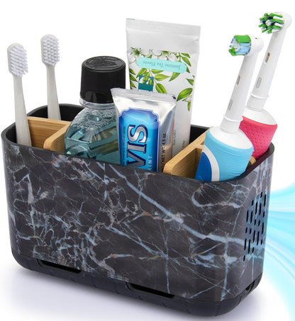 GFWARE Marble Toothbrush Holders, 5 Slots Bamboo Toothbrush and Toothpaste Holder for Bathroom Counter with Drainage, Kids Electric Toothbrush Organizer, Black Toothbrush Holders for Bathrooms