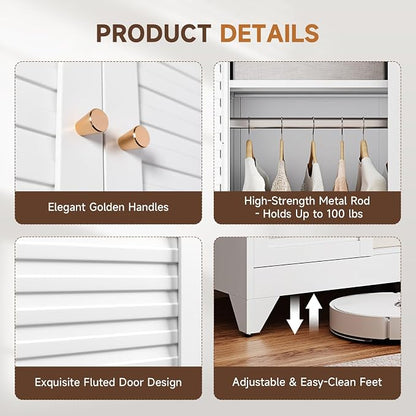 Letaya Armoire Wardrobe Closet,20" Deep Metal Wardrobe Cabinet with Doors and Shelves,Hanging Rod Clothing Storage Cabinets for Home Room (White)