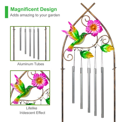 Plant Stands with Garden Trellis, 48” Metal Standing Wind Chimes Plant Pot Trellis with Hummingbird for Garden Patio Backyard Climbing Plants Outdoor Decor
